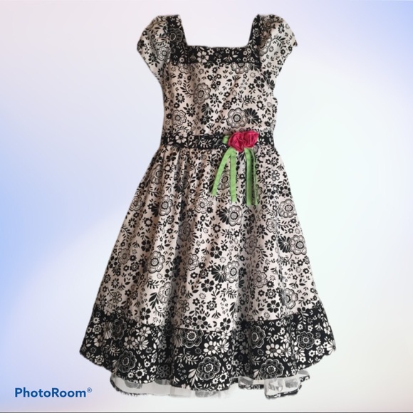 Jona Michelle Dress Girls Size 6 Black & White Capped Sleeve Floral Print Church - Picture 1 of 9